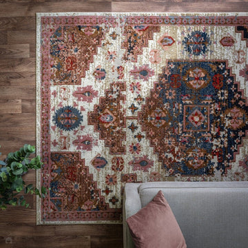 Zola Aras Traditional Persian Medallion Border Hi-Low Textured Cream/Brown/Pink/Blue/Multicolour Rug-Asiatic Carpets-Rug Love - The Most Loved Rug Store